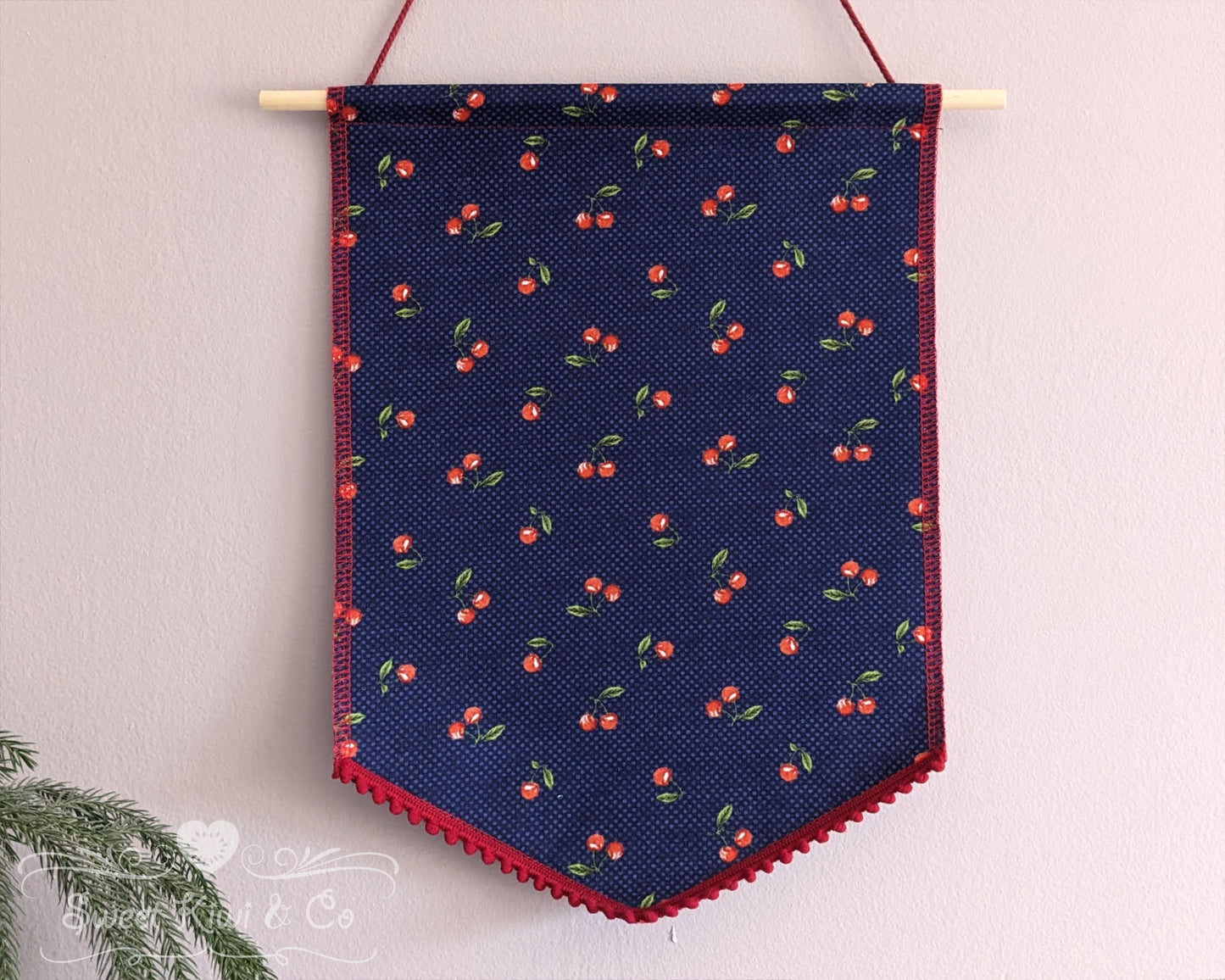 Vintage Cherry - Fabric Pin Banner Display with Pompom Trim