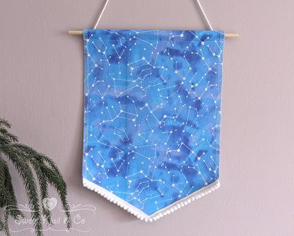 Sparkly Constellations - Fabric Pin Banner Display with Pompom Trim