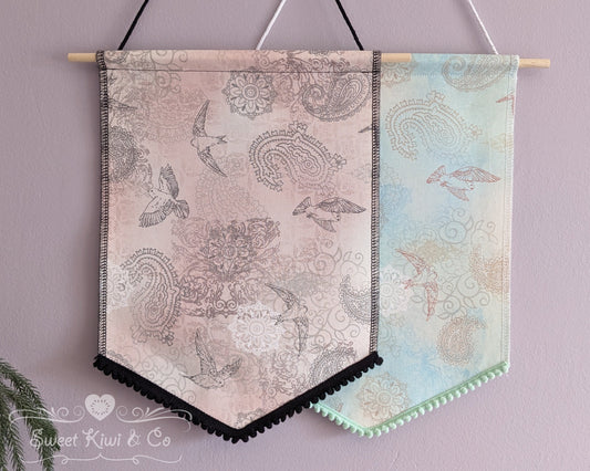 Cottage Birds - Fabric Pin Banner Display with Pompom Trim