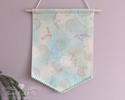 Cottage Birds - Fabric Pin Banner Display with Pompom Trim