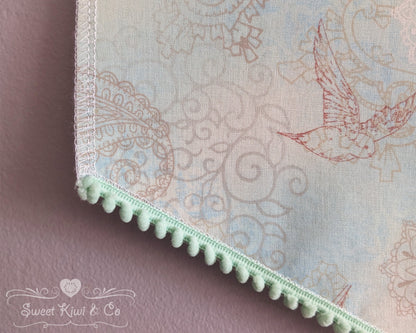 Cottage Birds - Fabric Pin Banner Display with Pompom Trim