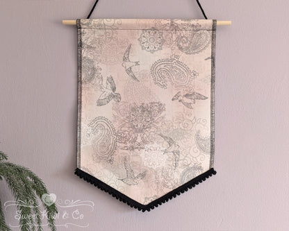 Cottage Birds - Fabric Pin Banner Display with Pompom Trim