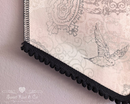 Cottage Birds - Fabric Pin Banner Display with Pompom Trim