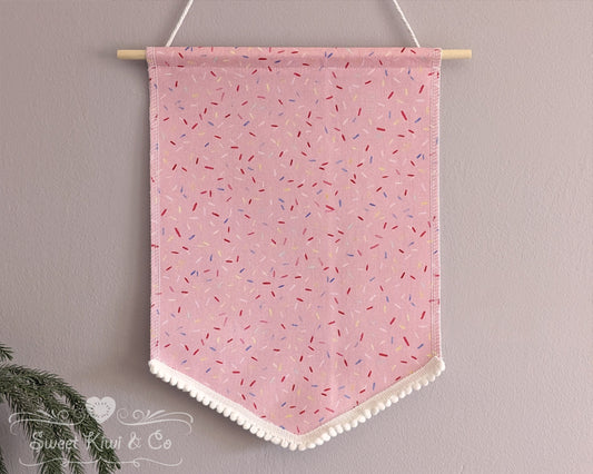 Pink Cupcake Sprinkles - Fabric Pin Banner Display with Pompom Trim