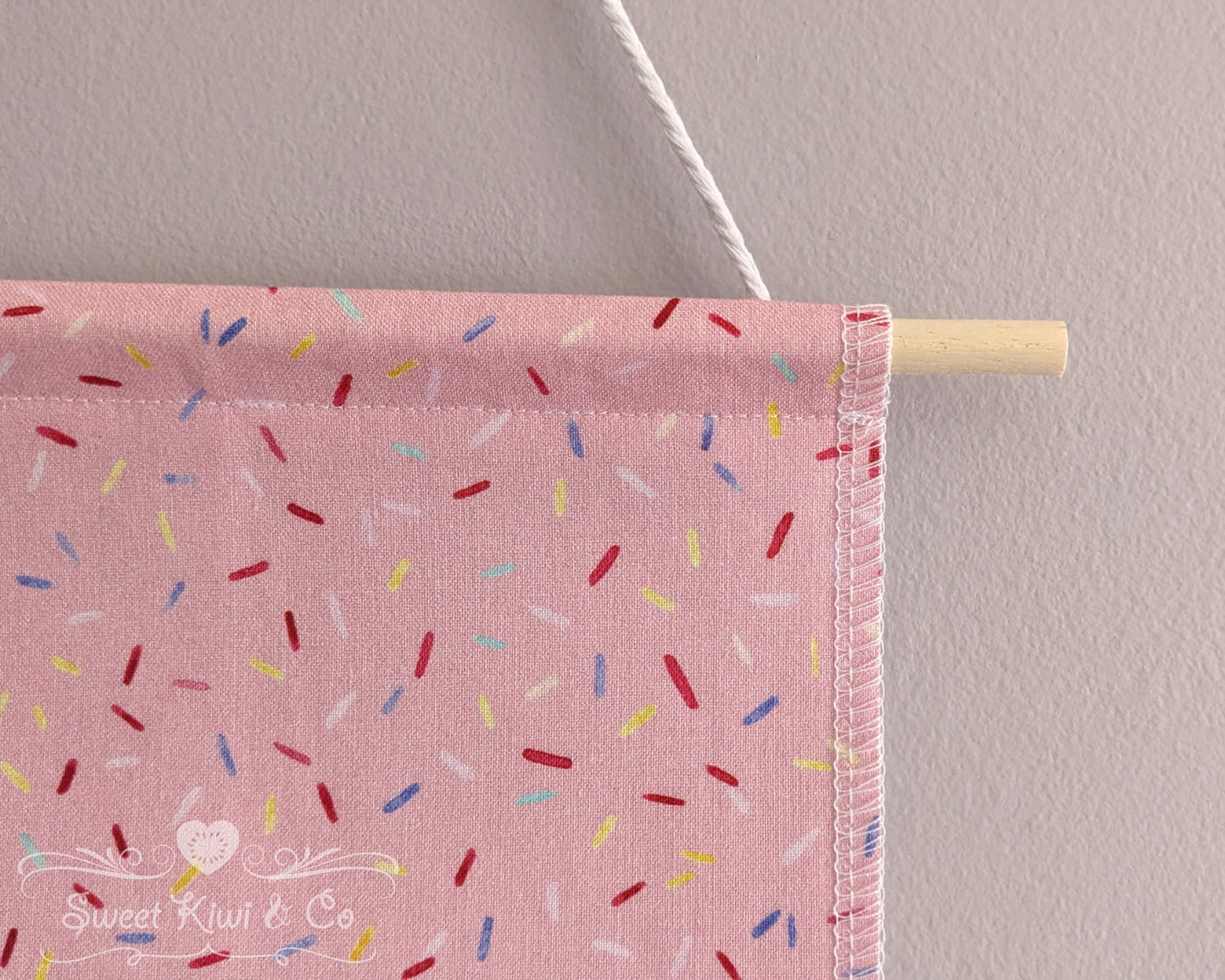 Pink Cupcake Sprinkles - Fabric Pin Banner Display with Pompom Trim