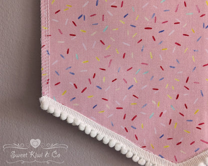 Pink Cupcake Sprinkles - Fabric Pin Banner Display with Pompom Trim