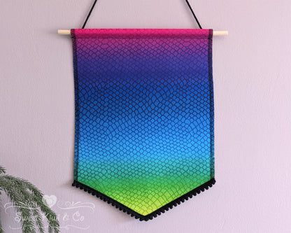 Rainbow Dragon Scales - Fabric Pin Banner Display with Pompom Trim