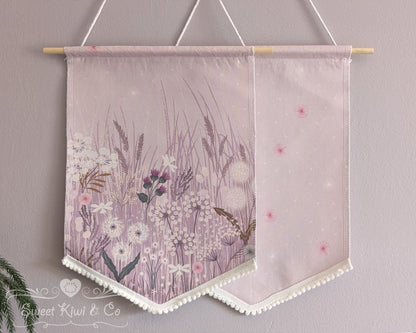 Cottage Fairy Garden - Fabric Pin Banner Display with Pompom Trim