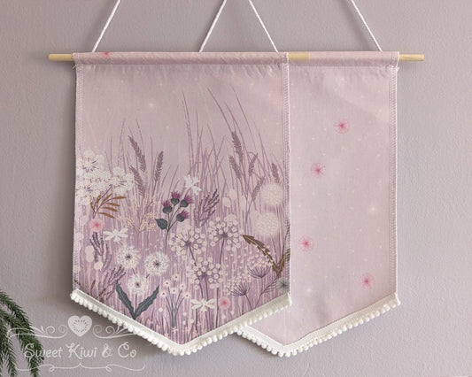 Cottage Fairy Garden - Fabric Pin Banner Display with Pompom Trim