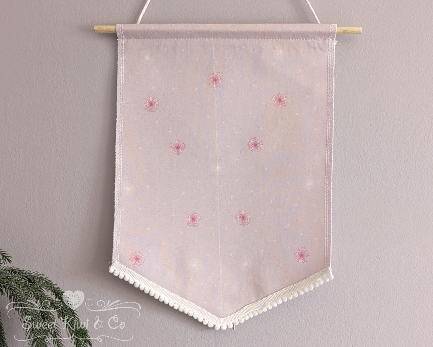 Cottage Fairy Garden - Fabric Pin Banner Display with Pompom Trim