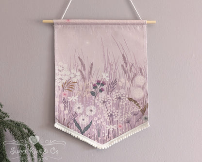 Cottage Fairy Garden - Fabric Pin Banner Display with Pompom Trim