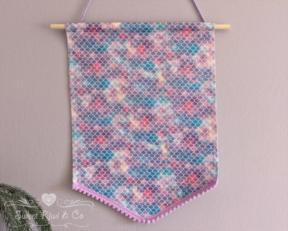 Glittery Mermaid Scales - Fabric Pin Banner Display with Pompom Trim