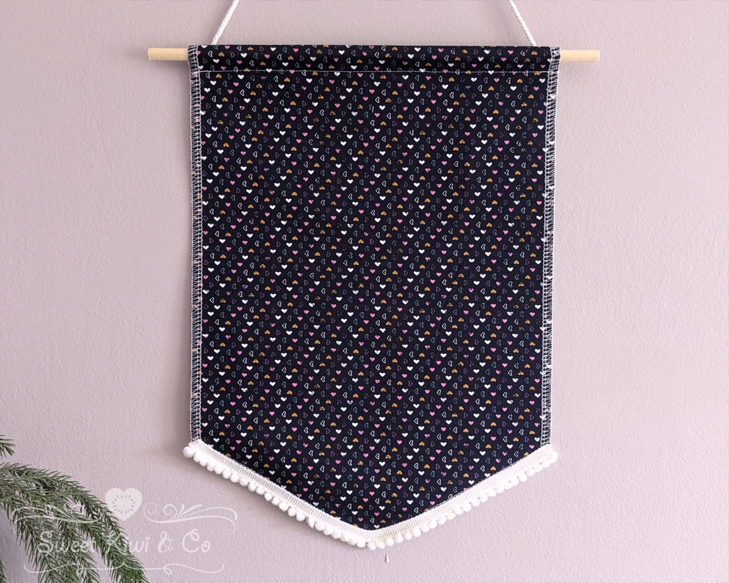 Navy Hearts - Fabric Pin Banner Display with Pompom Trim