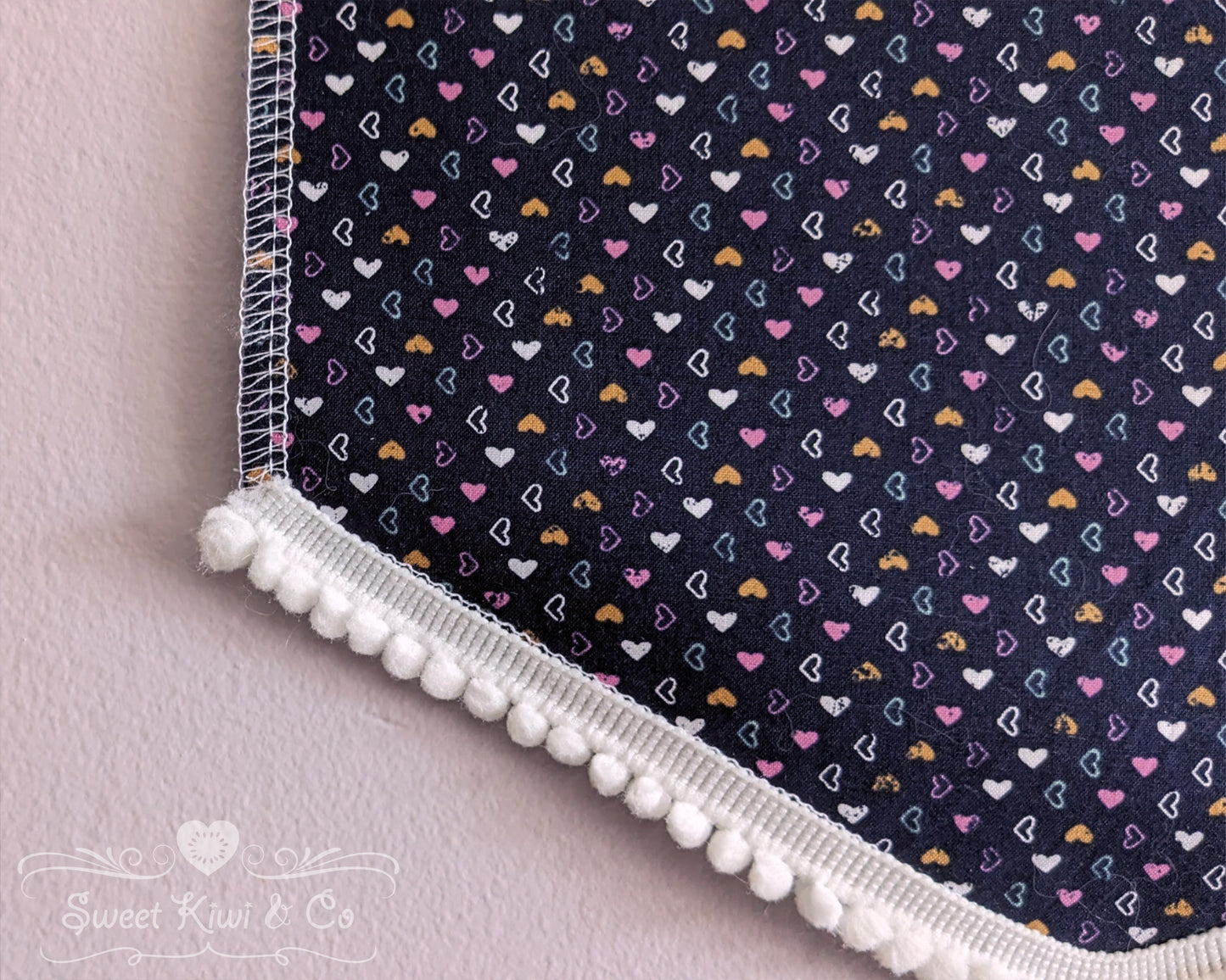 Navy Hearts - Fabric Pin Banner Display with Pompom Trim