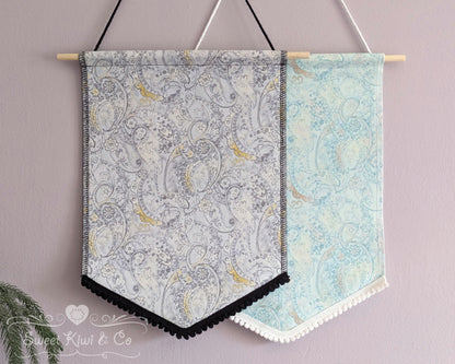 Pastel Paisley and Florals - Fabric Pin Banner Display with Pompom Trim