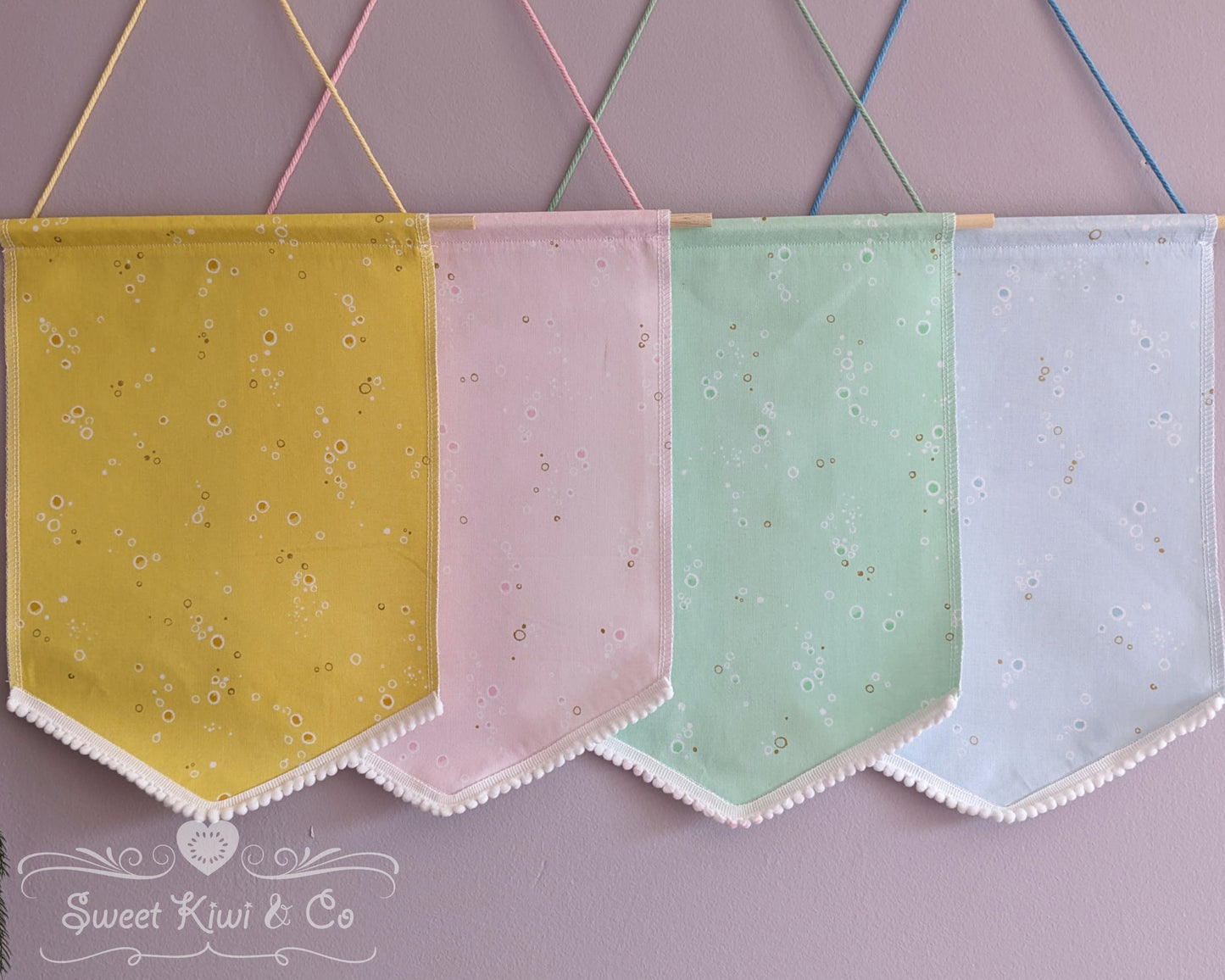 Pastel Bubbles- Fabric Pin Banner Display with Pompom Trim