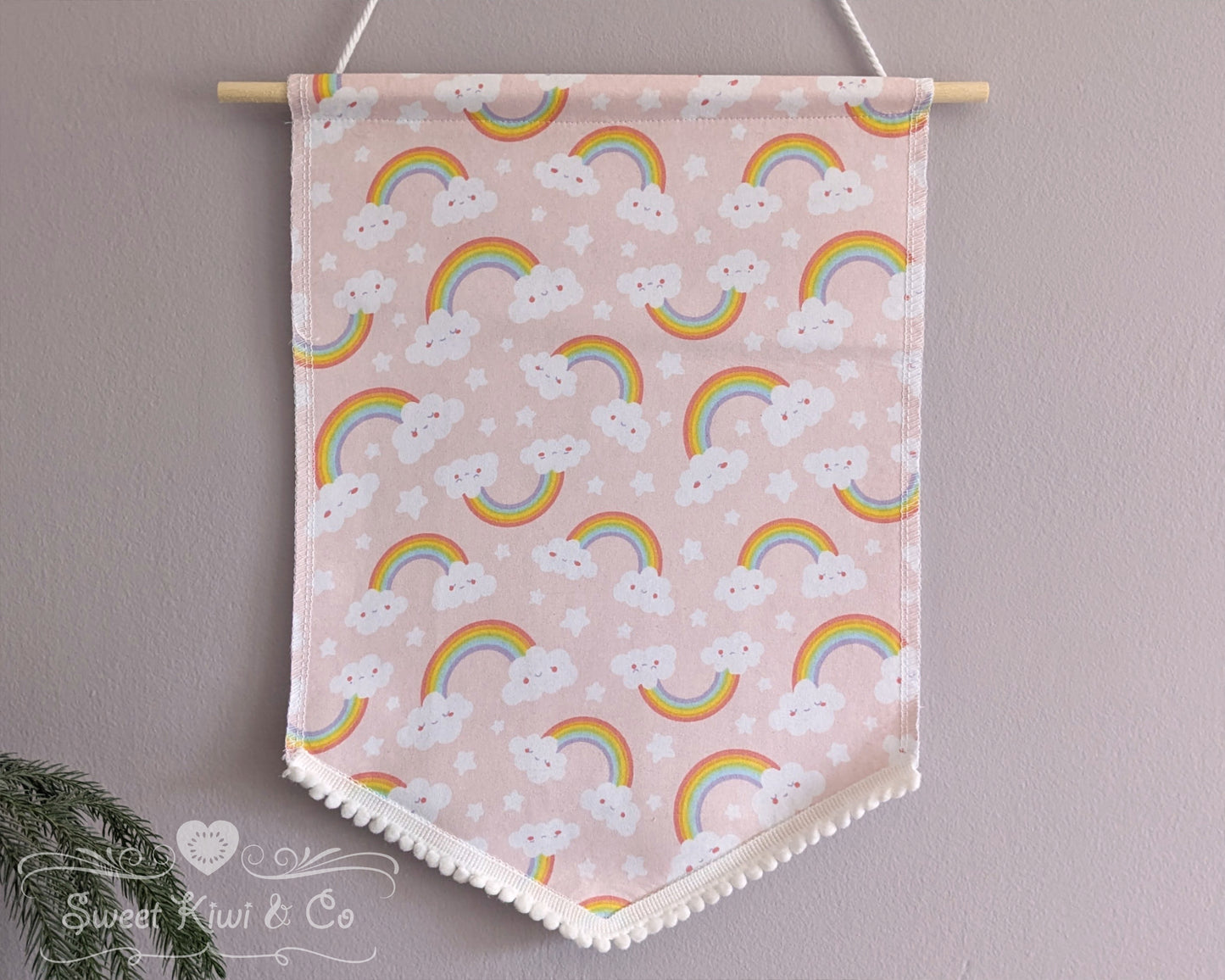 Happy Rainbows and Clouds - Fabric Pin Banner Display with Pompom Trim