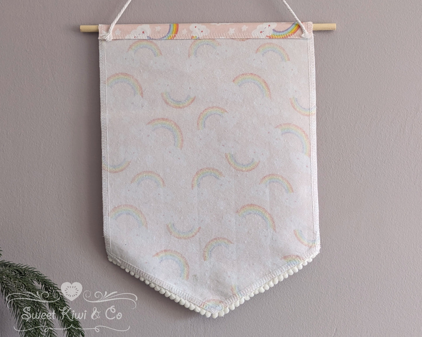 Happy Rainbows and Clouds - Fabric Pin Banner Display with Pompom Trim