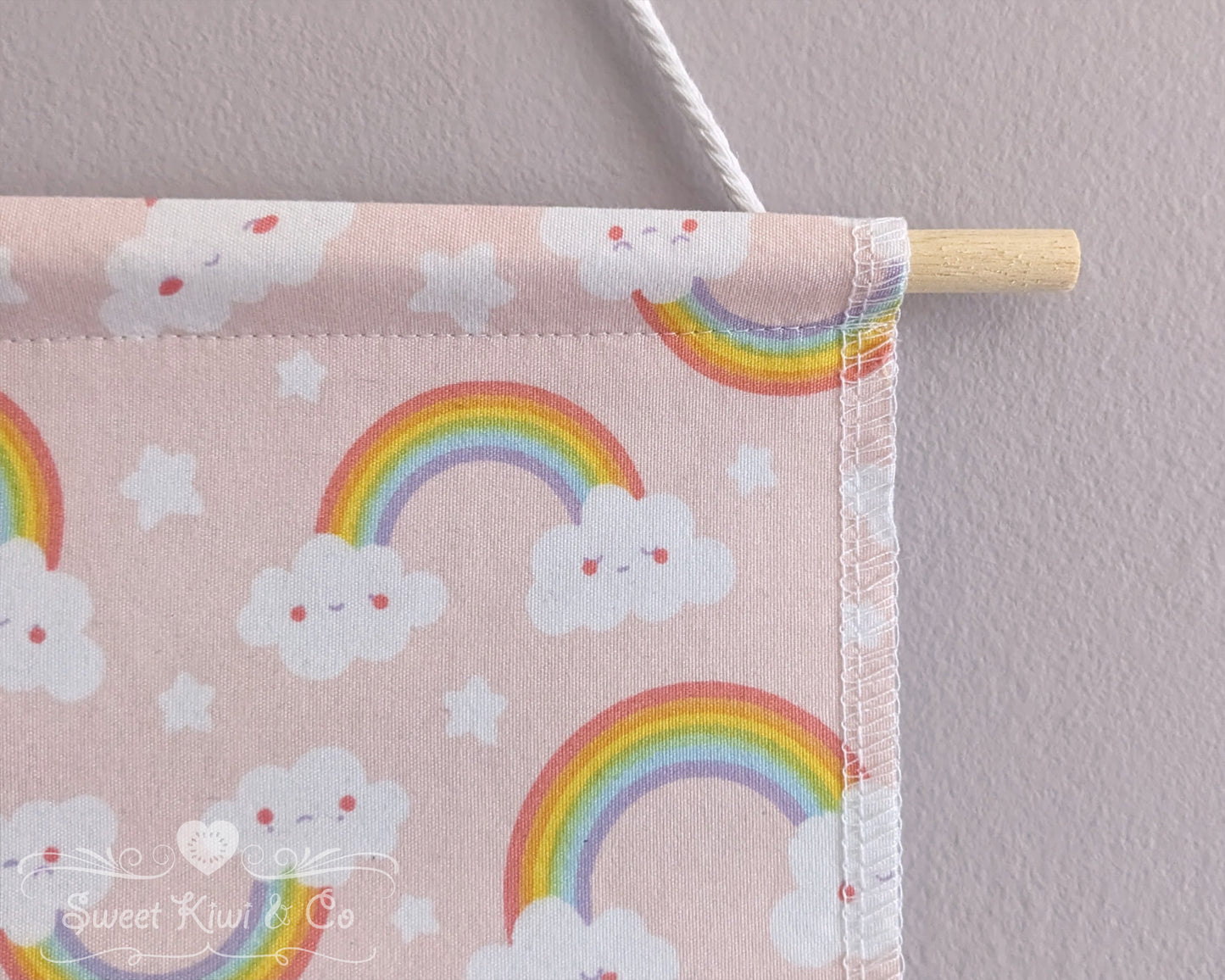 Happy Rainbows and Clouds - Fabric Pin Banner Display with Pompom Trim