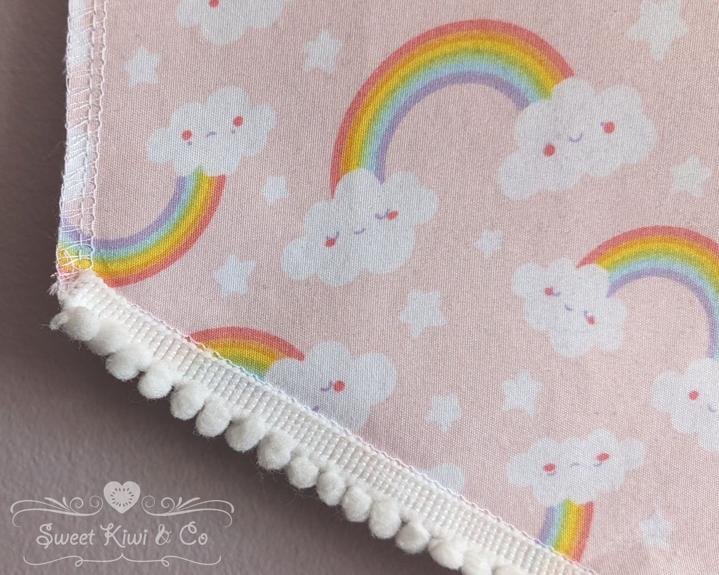 Happy Rainbows and Clouds - Fabric Pin Banner Display with Pompom Trim