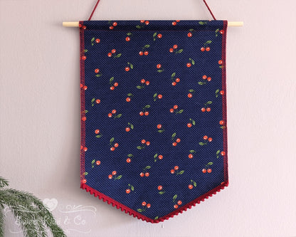 Vintage Cherry - Fabric Pin Banner Display with Pompom Trim
